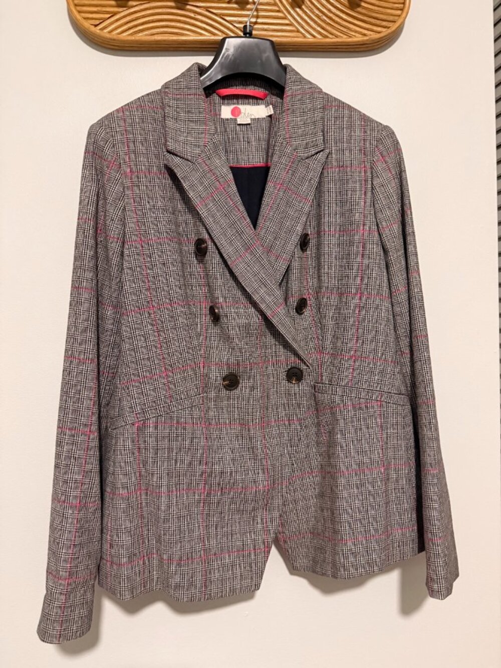 Boden Gray Pink Plaid Double Breasted Blazer US 10R UK 14R